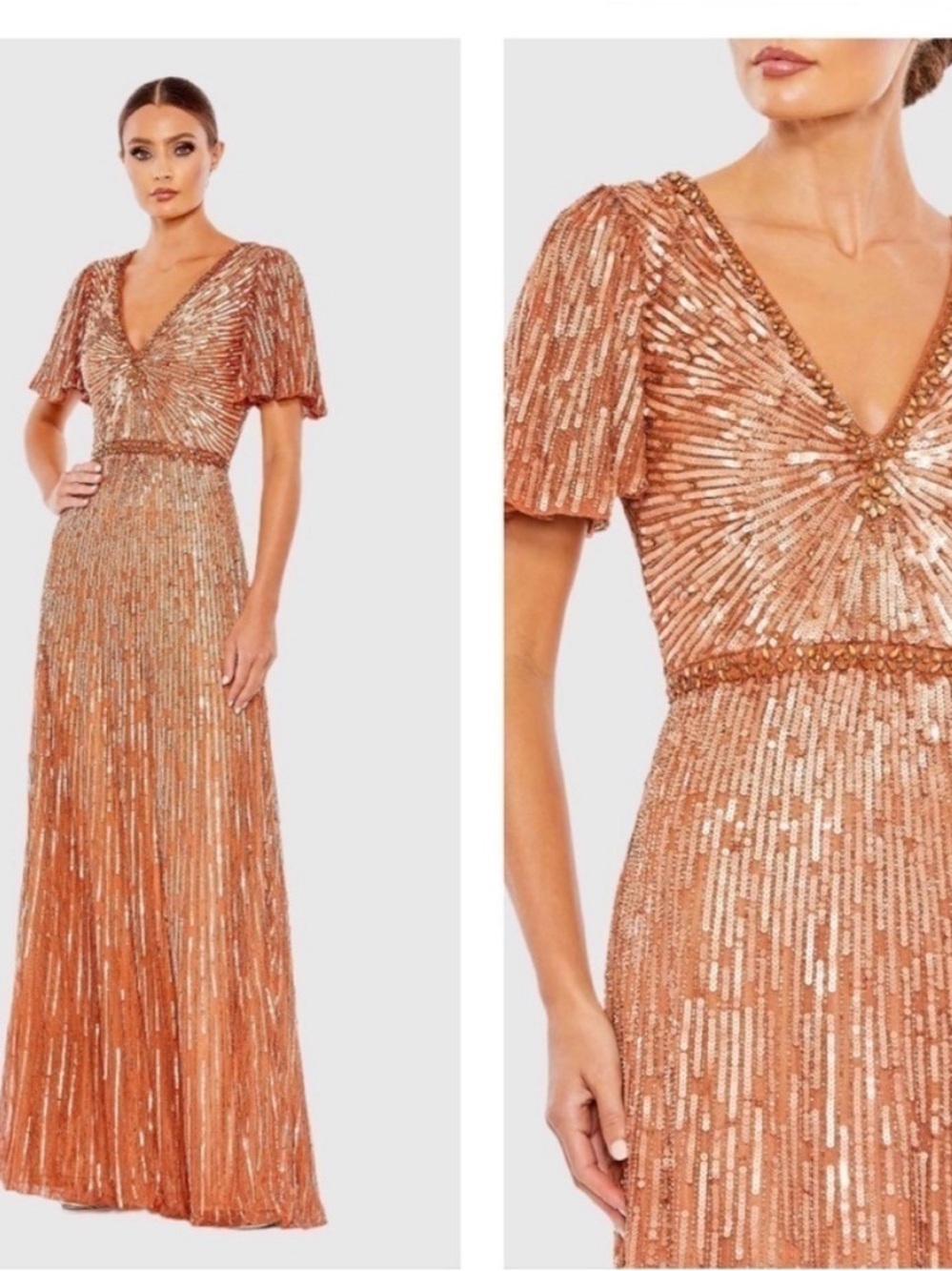 Mac Duggal Rose Gold Sequin V-Neck Butterfly Maxi Dress Size 6